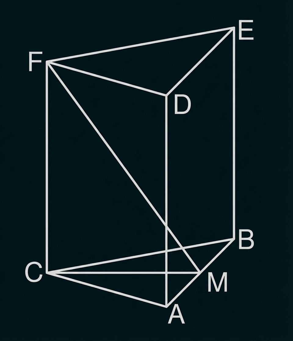 Skizze eines schrägen Quaders mit markierten Punkten A, B, C, D, E, F und M sowie eingezeichneten Diagonalen